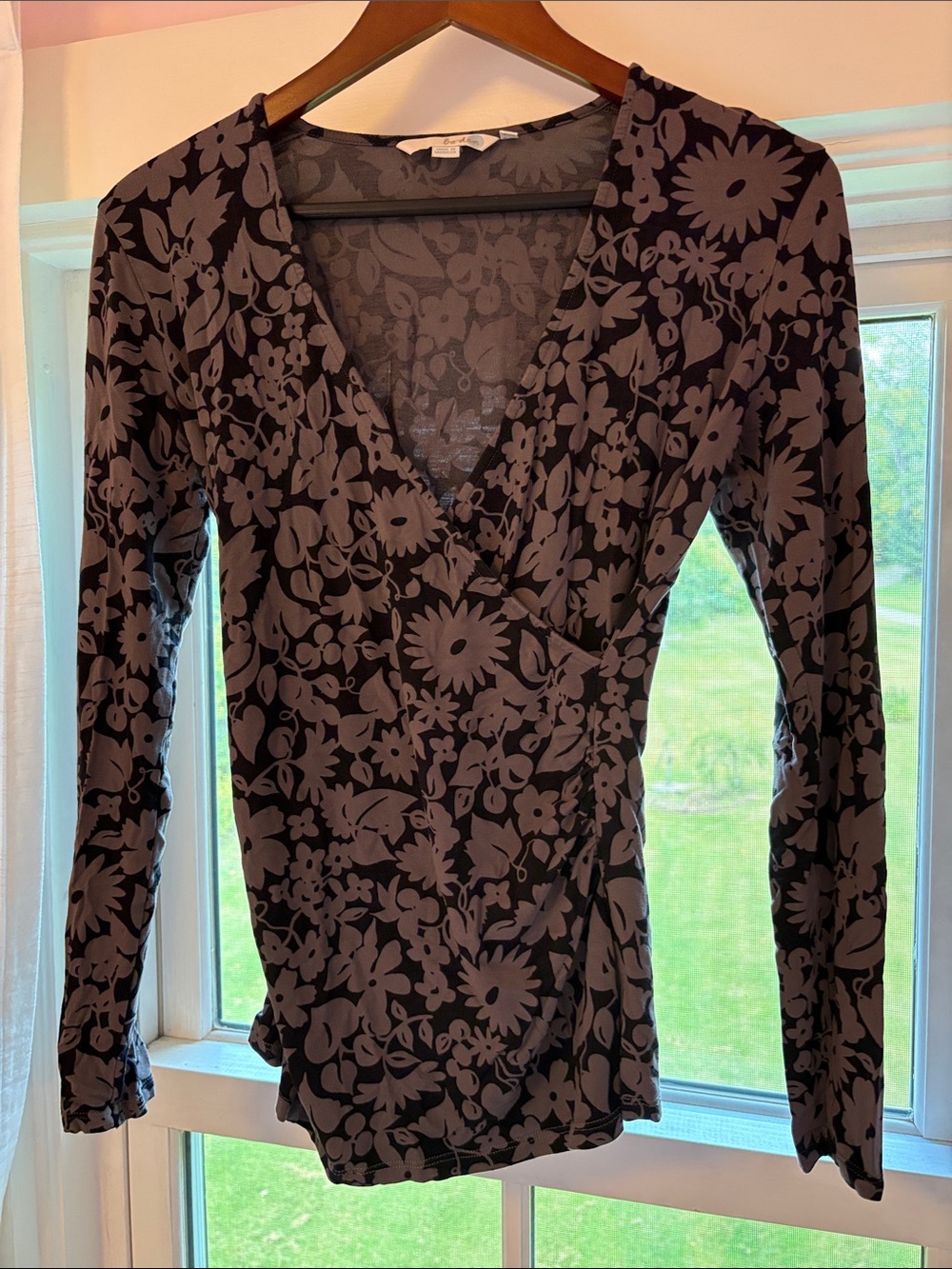 Boden Black and Gray Floral Faux-Wrap Long Sleeve Tee
